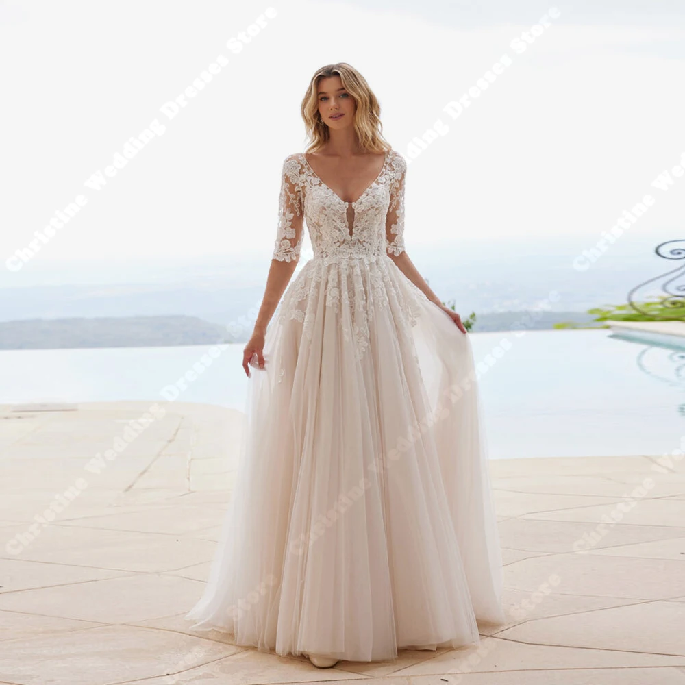 

Charming V-Neck A-Line Wedding Dresses Elegant Lace Flower Print Bridal Gown Princess Banquet Vestidos De Novias 2026 Customized