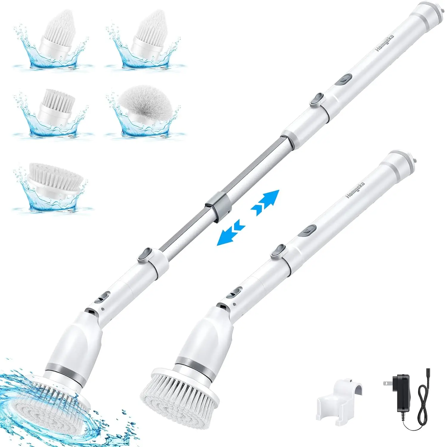 Homyeko Electric rotary scrubber, power shower scrubber with 5 replaceable brush heads and adjustable extension handle