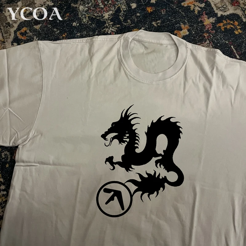 Men T-Shirt Aphex Twin Dragon 100% Cotton Harajuku Short Sleeve Summer Tops Tees Print Oversized Fashion Y2k Streetwear Clothing