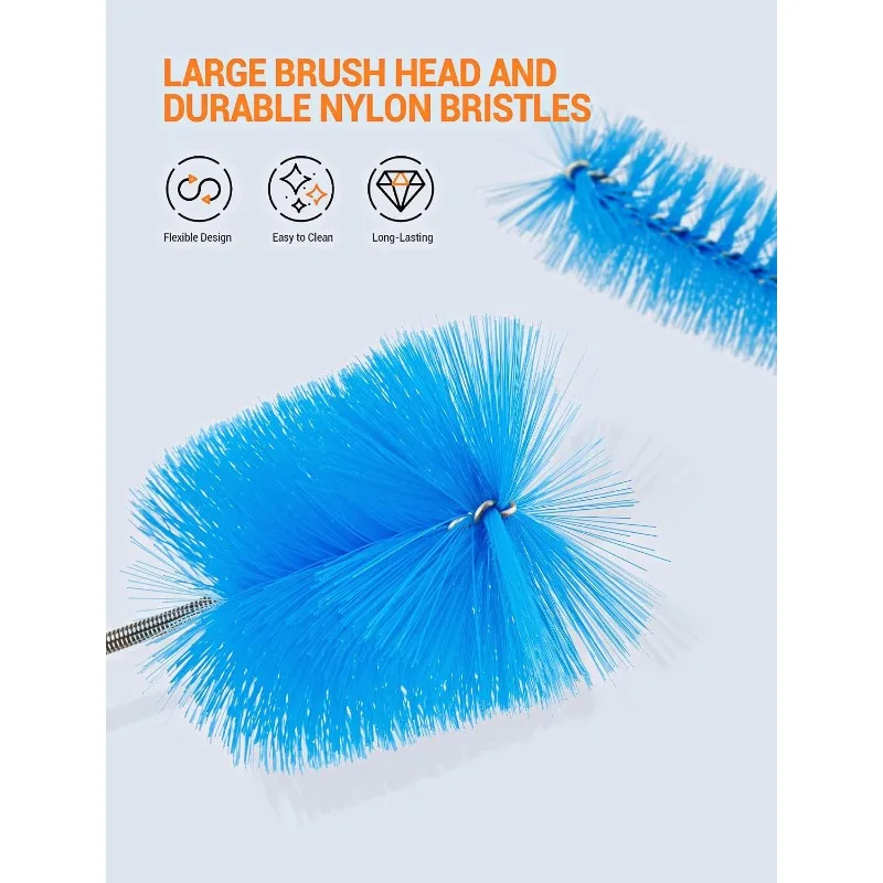 Stainless Steel Long Tube Flexible Drain Cleaning Brush, Large Brush Head Double Elastic Nylon Ends for Kitchen Sink Long Pipe
