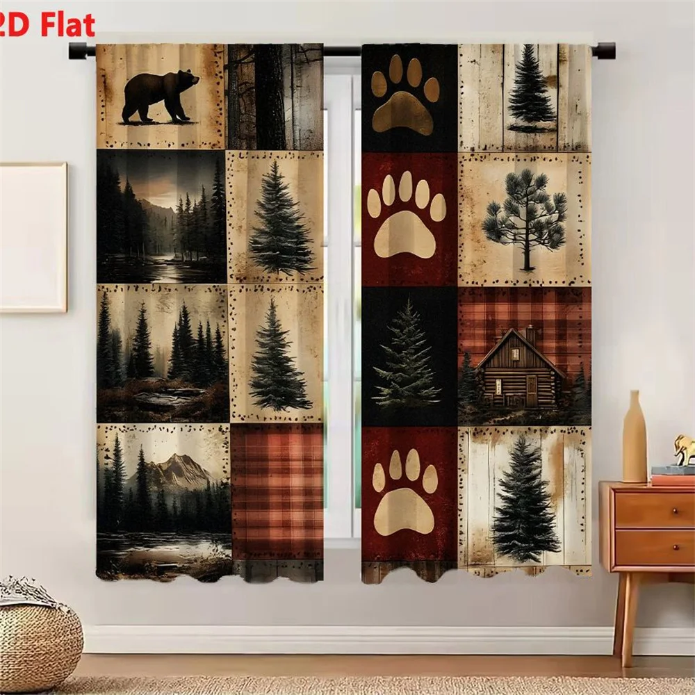 2Pcs Curtains Rustic Cabin Collage Bear And Tree Bark Log Plaid Forest Landscape Decor Window Drapes for Bedroom Room Decor Deco