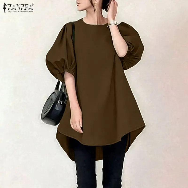 

Летние элегантные блузки ZANZEA 2026 с короткими рукавами-фонариками, стильные женские рубашки, повседневные однотонные топы миди длины с круглым вырезом, оверсайз