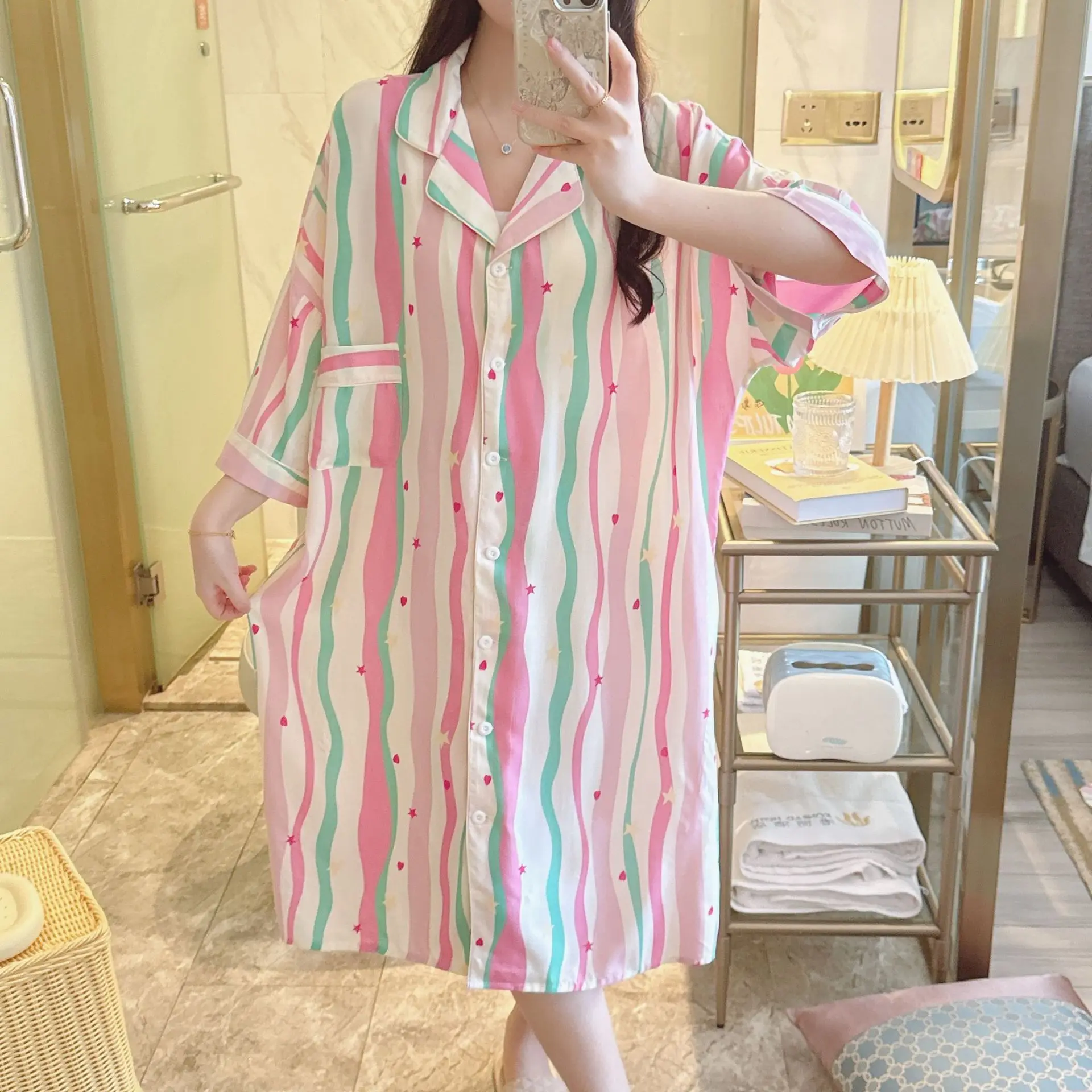 Cotton Silk Summer Sleep Dress Loose Shirt Collar Home Wear Comfortable Breathable Women's Fairy Style Half Sleeve Nightgown