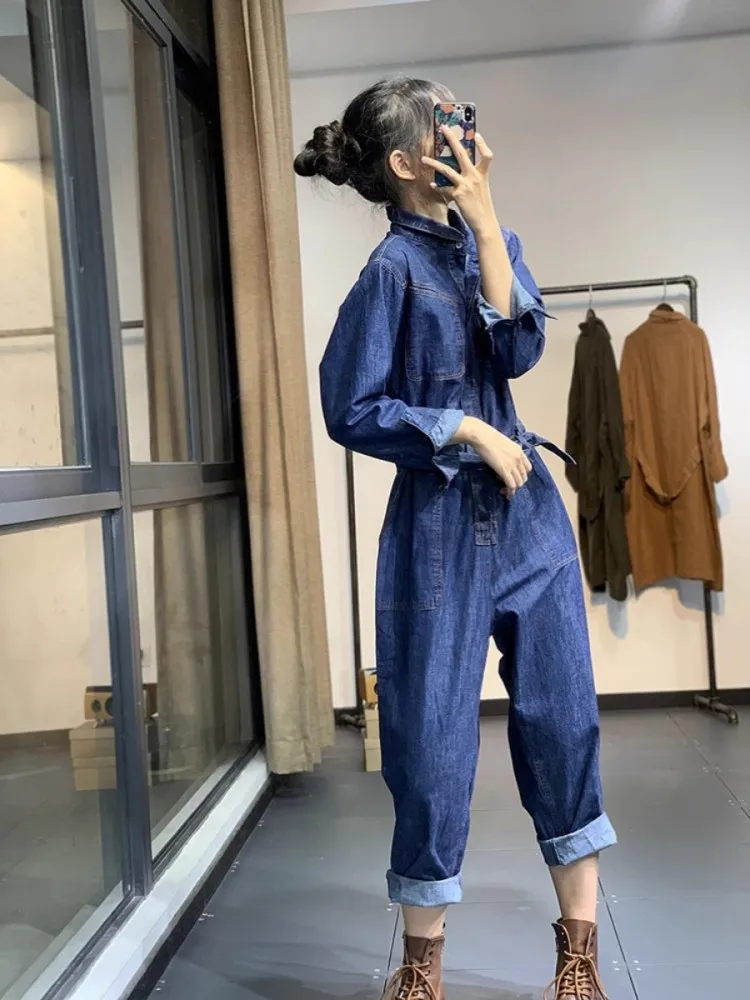 Retro Washed Denim Jumpsuit For Women In Spring And Autumn, Loose And Versatile Casual Harem Pants