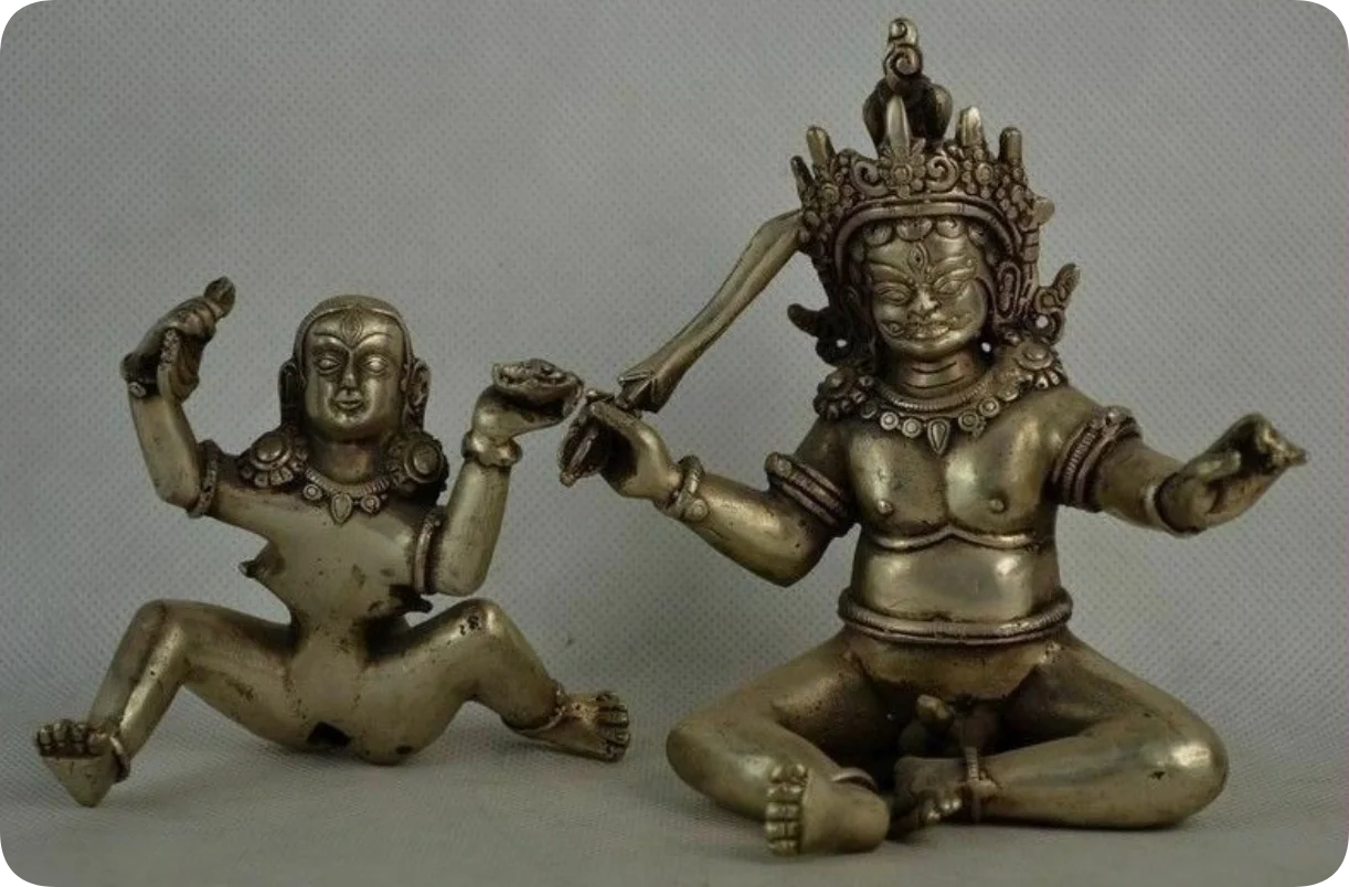 Old Handwork Tibet Silver Carving MAKE LOVE Buddha Sexual Lover Statue