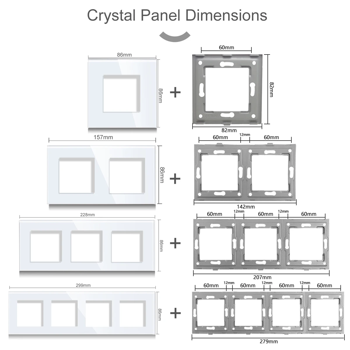 Bingoelec EU Standard Triple Wall Switch Cyrstal Panel Glass Frame for Switch Part Socket Outlest 228mm White Black Gold Grey