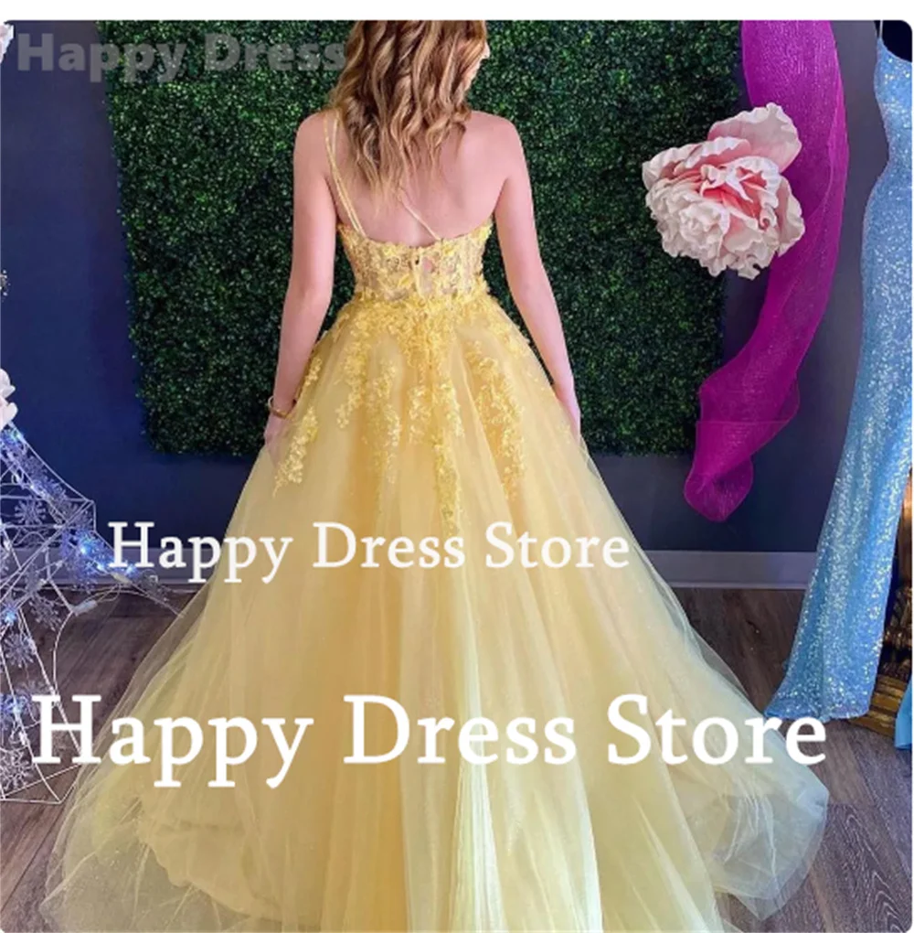 Happy Dress Custom Yellow Prom Party Dress Sleevelesss 3D Flower Appliques A-Line Tulle Wedding Dress Women Bridal Evening Dress