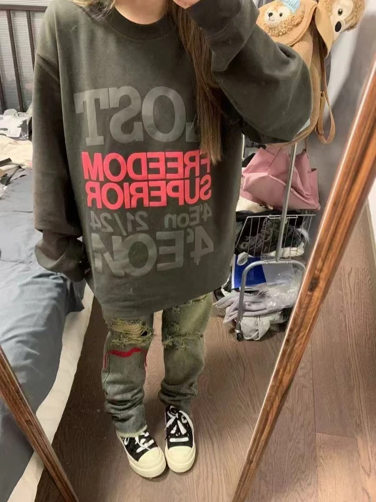 Y2k الأمريكية خمر كم طويل تي شيرت المرأة عادية إلكتروني طباعة الشرير نمط قمة الشارع الشهير ريترو الهيب هوب 2025 الخريف