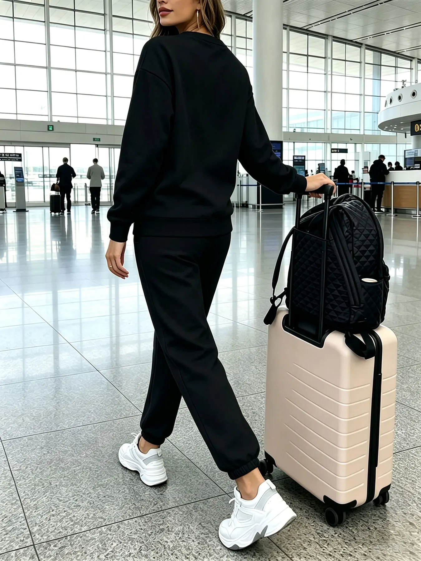 European and American Style Women's Casual Two-Piece Set: Drop-Shoulder Round-Neck Long-Sleeve Top Paired with Jogger Pants, Loose Drapey Fit, Soft Fabric, Suitable for Outings, Home Wear, and Sports