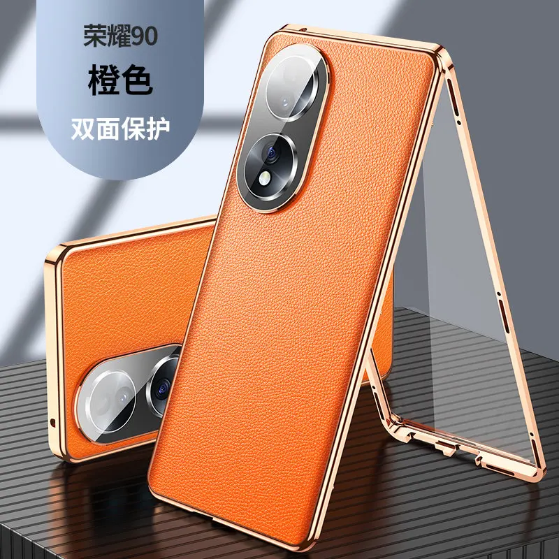 360 Full Protection Metal Bumper Clear Front Glass Case For Honor 90 Honor90 5G with Back PU Leather Skin Cover Phone Protector