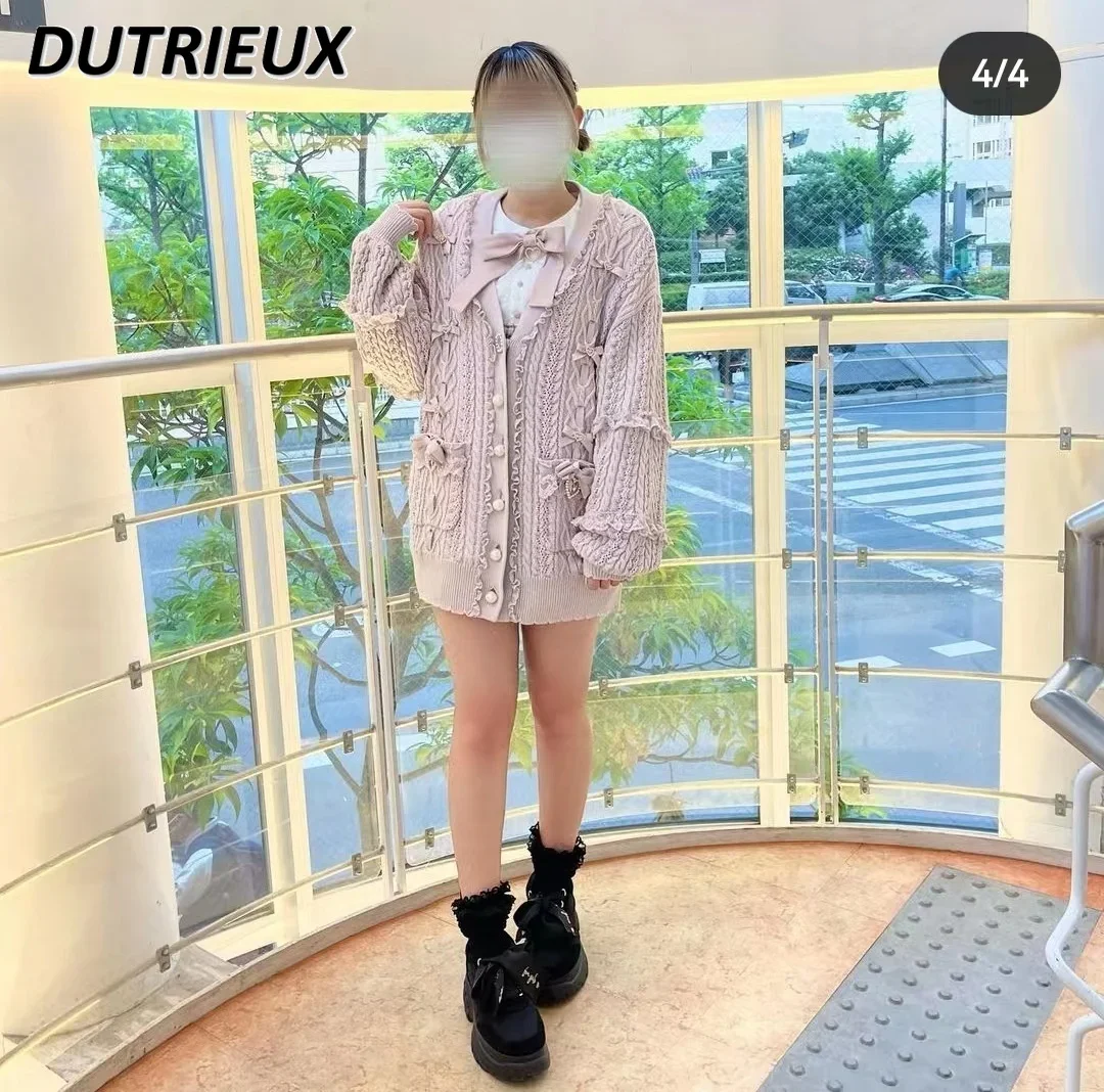 Suéter japonés de manga larga con cuello en V y bolsillo tejido hueco para niñas dulces cárdigan de punto de un solo pecho con lazo versátil