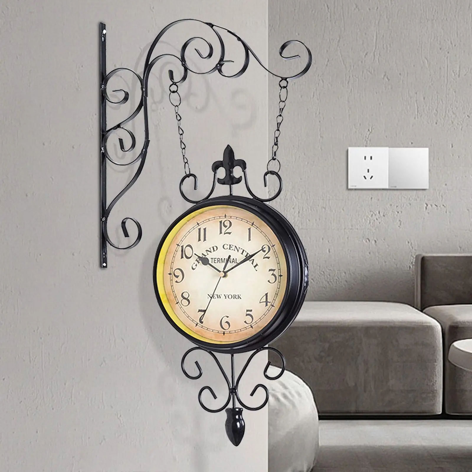 

Double Sided Station Clock Mute with Decorative Wall Bracket Wall Hanging Wall Clock for Bedroom Kitchen Living Room Patio Home