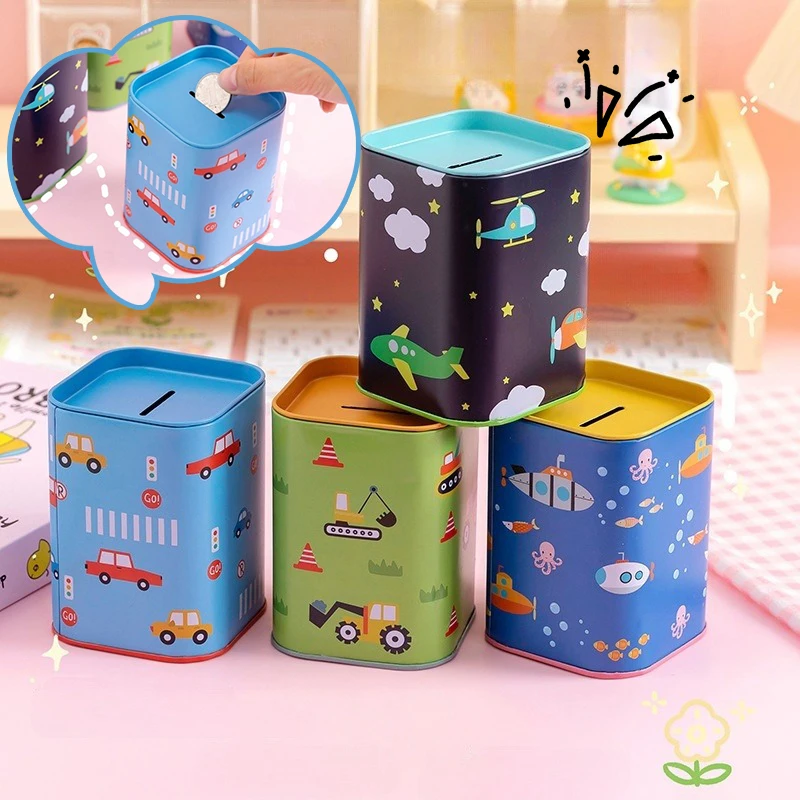 Cartoon Metal Square Piggy Bank Unbreakable Coin Storage Box Jewelry Storage Mini Tin Bank Saving Money Box Coin Storage Counter