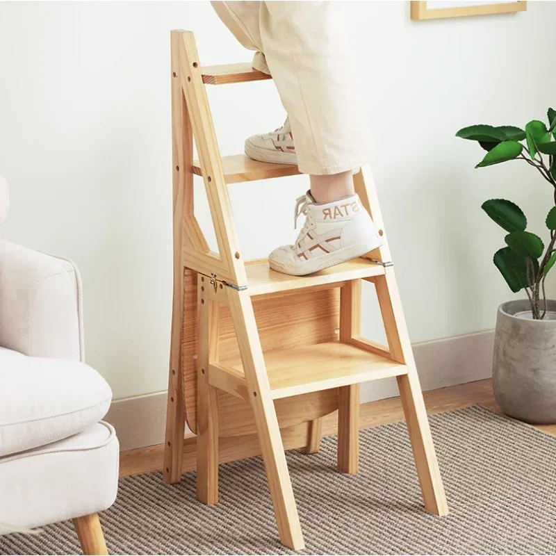 Solid Wood Step Stools Multifunctional Folding Step Ladders Living Room Backrest Chairs Portable Ladder Stool Modern Furnitures