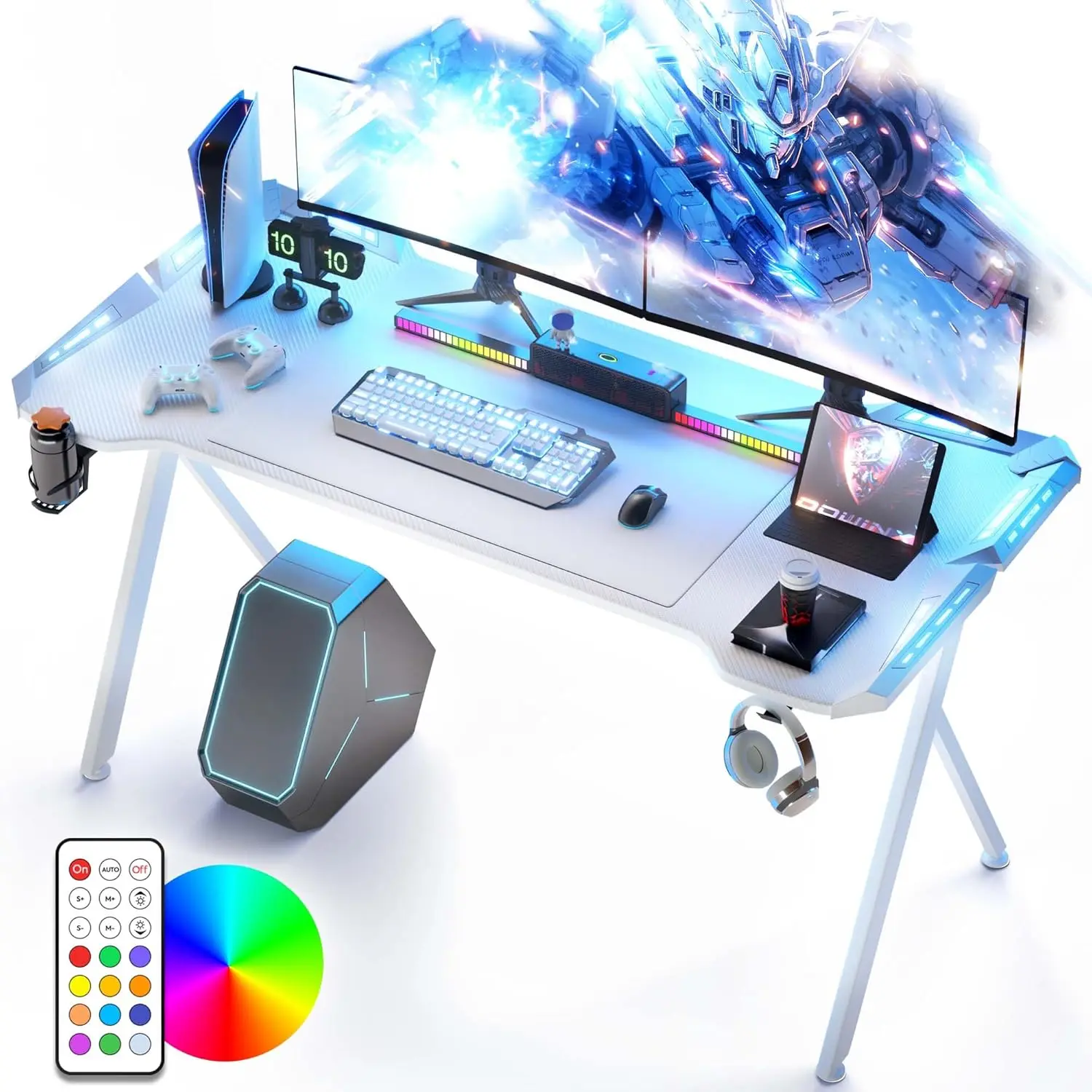 Dowinx Gaming Desk with LED Lights, RGB Gaming Computer Table with Carbon Fibre Surface, LED Home  Office Desk