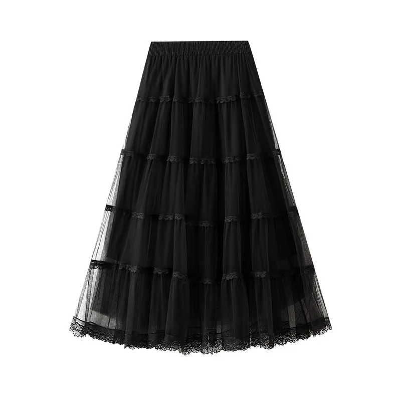 2024 Fashion High Elastic Women Tulle Ruffle Skirt Multi Layer Patchwork Lace Cake Big Swing Midi Long Skirts