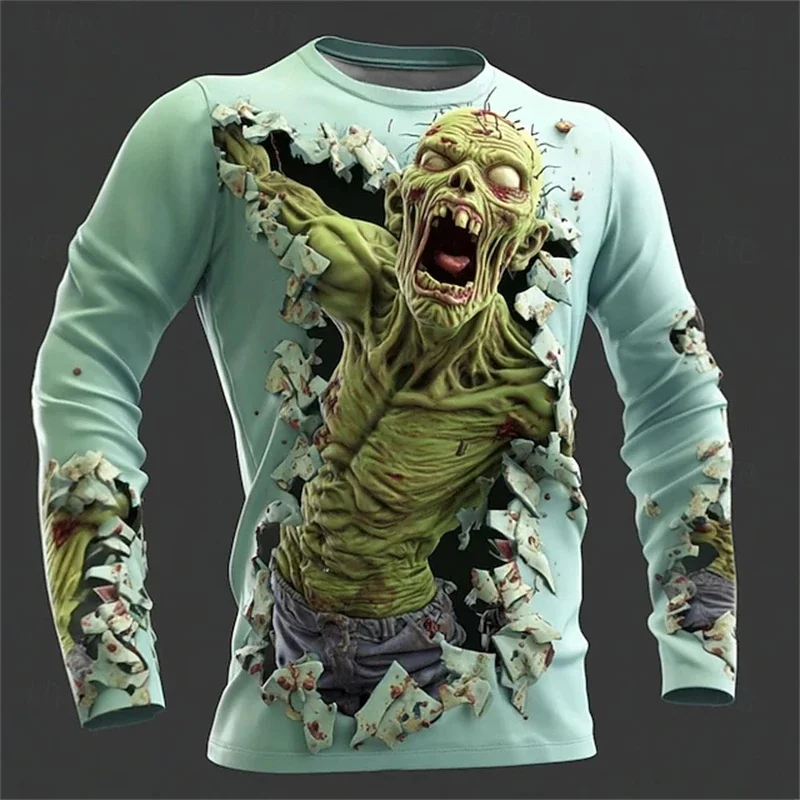 Halloween Family Matching Long Sleeve T-shirt 3D Break Through Zombie Skull Print O-neck Tops Kids Family Horror Costume Outfits
