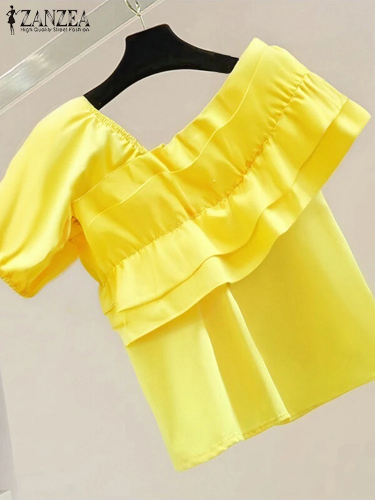

Fashion Blouse 2025 ZANZEA Summer Tops Women Casual Loose Asymmetrical Ruffle Stitching Short Sleeve Shirts Solid Color Tunics