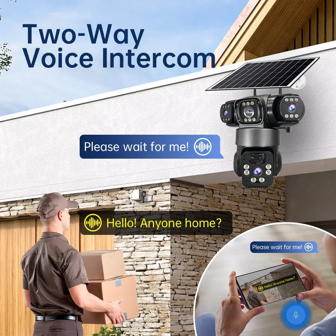 12MP 4G Sim Card Three Lens PTZ Solar Security Camera Three Screens PIR Detection Outdoor Wireless CCTV Surveillance IP Camera