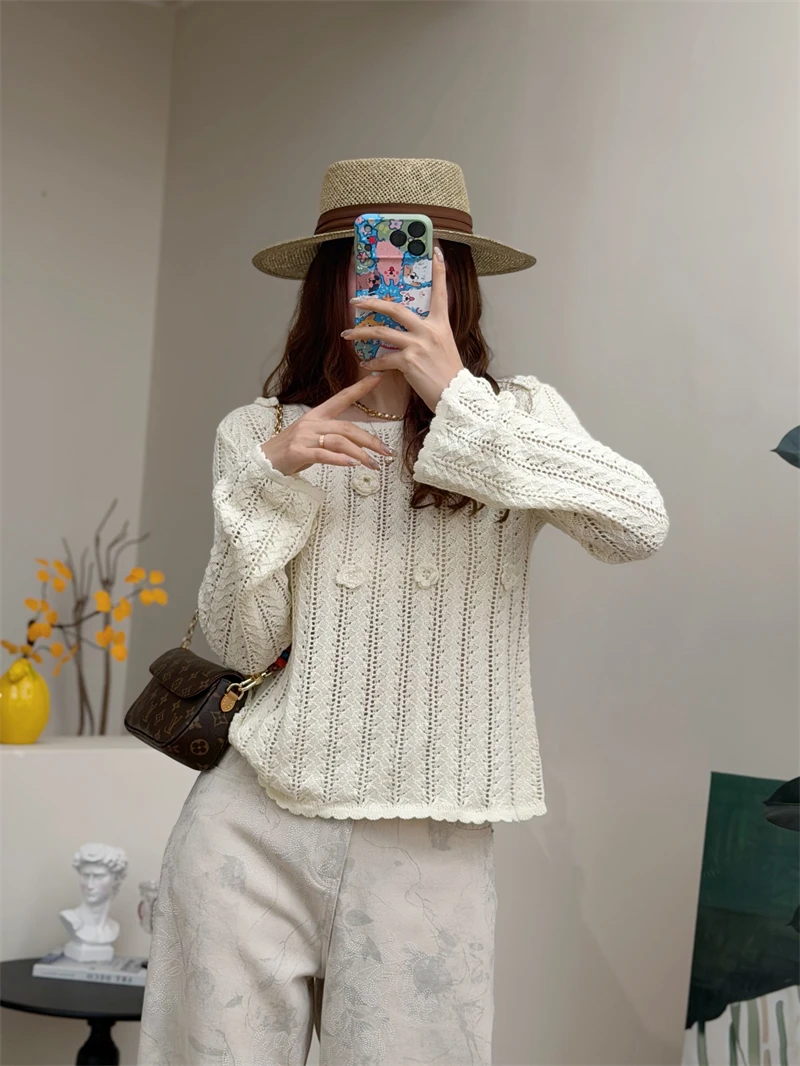 

Morning Fog Knitted Top Women's Loose Fit Hollow out Pure Cotton Flower Pattern round Neck Long Sleeve French Style Top