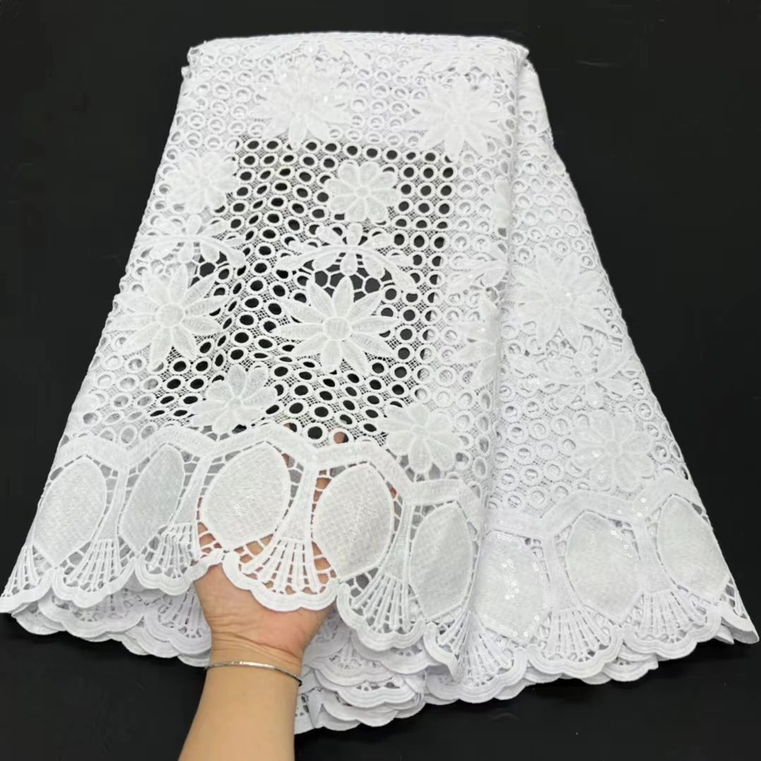 

New White African lace fabric 2023 high quality Nigerian French Guipure Cord lace fabric with Sequins for Wedding dress KR2309