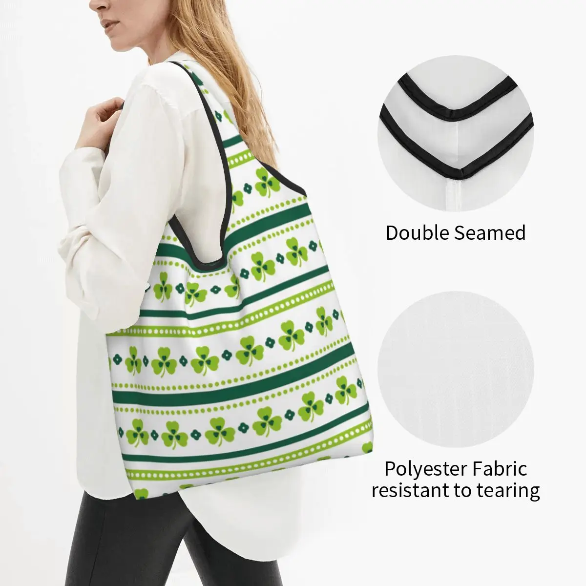 St Patrick's Day Irish Shamrock Clover Shopping Bag Foldable Grocery Tote Bags Large Capacity Recycling Bags Washable Handbag