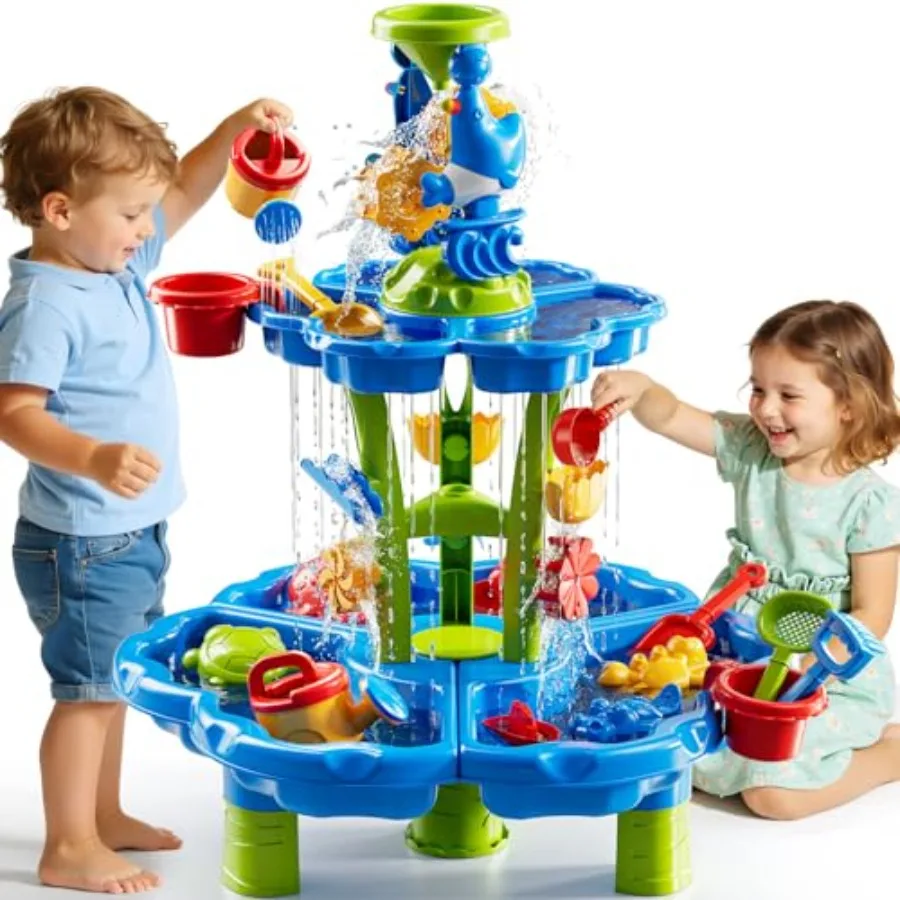 

Двухуровневый столик для игр с песком и водой для детей 3-8 лет, уличный сенсорный игровой набор с пляжными аксессуарами, водопадом, сине-желтый игровой столик