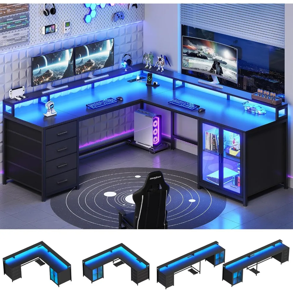 

L-shaped gaming desk with 4 drawers, 109 inch computer desk with display cabinet, home office desk with 2 monitor stands
