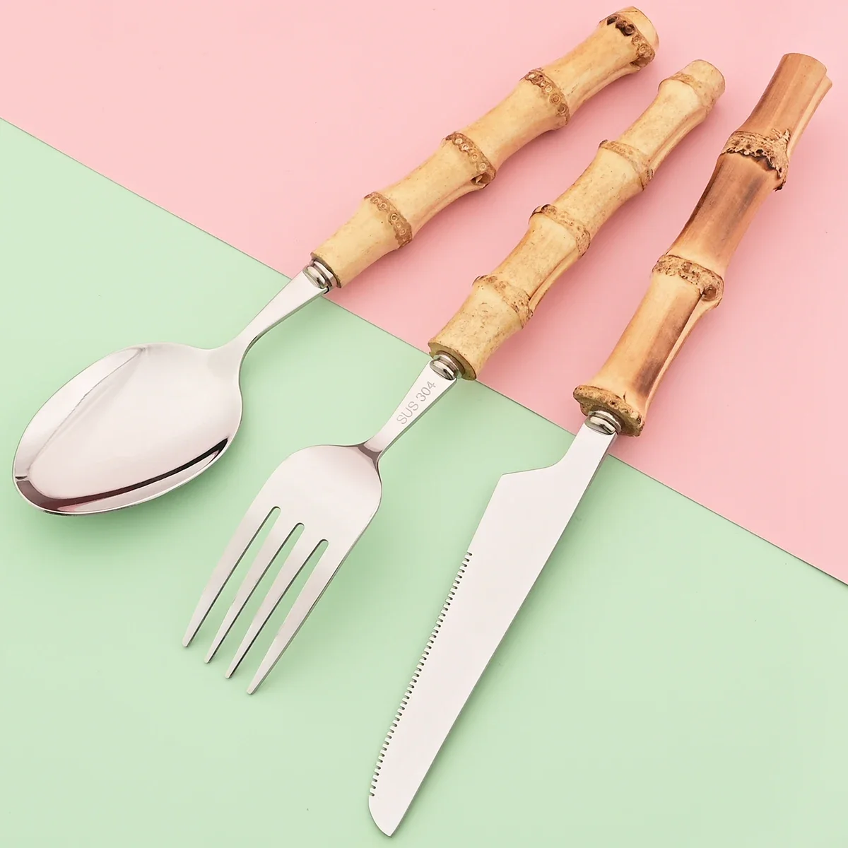 20Pcs Silver Bamboo Handle Cutlery Set 304 Stainless Steel Dinnerware Set Knife Dessert Fork Spoon Tableware Kitchen Flatware