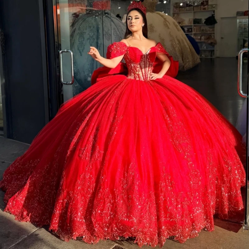 

Red Shiny Quinceanera Dresses Off The Shoulder Applique Lace Beading Crystal Bow Tull Party Birthday Sweet 16 Dress Vestidos 15