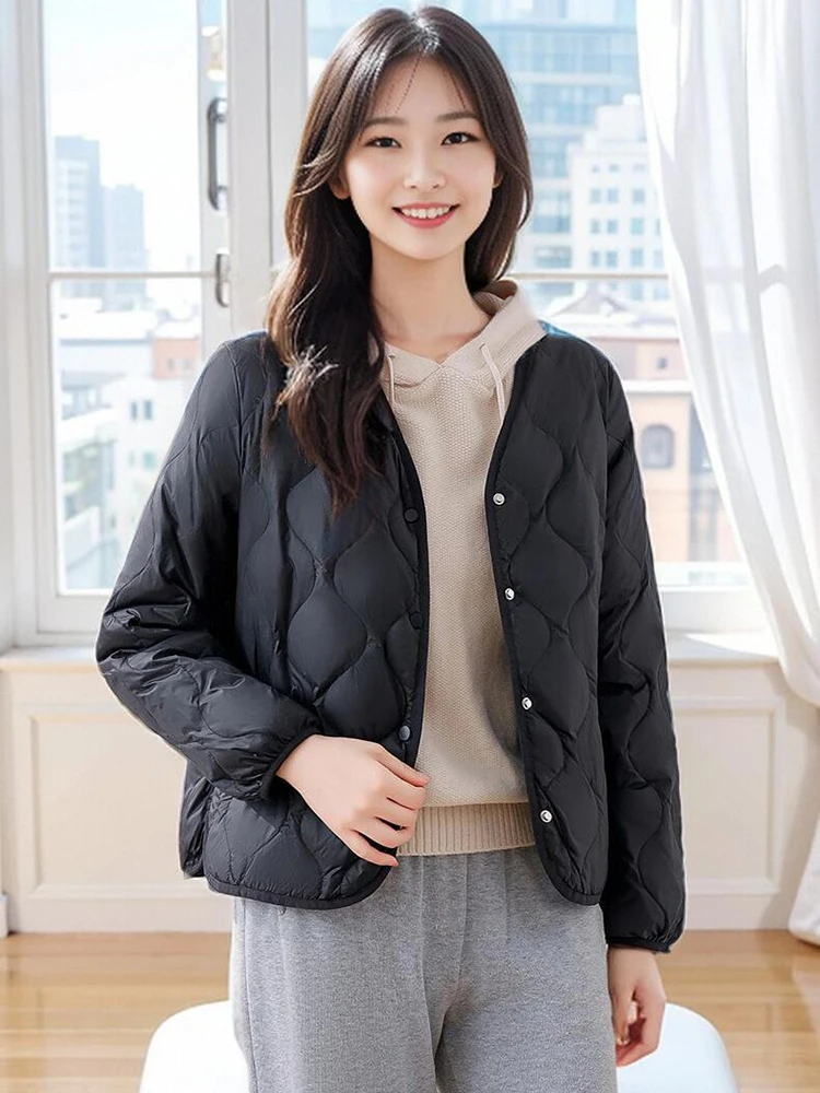 Autumn thin down coat woman light weight puffer warm jacket black long sleeved button jacket