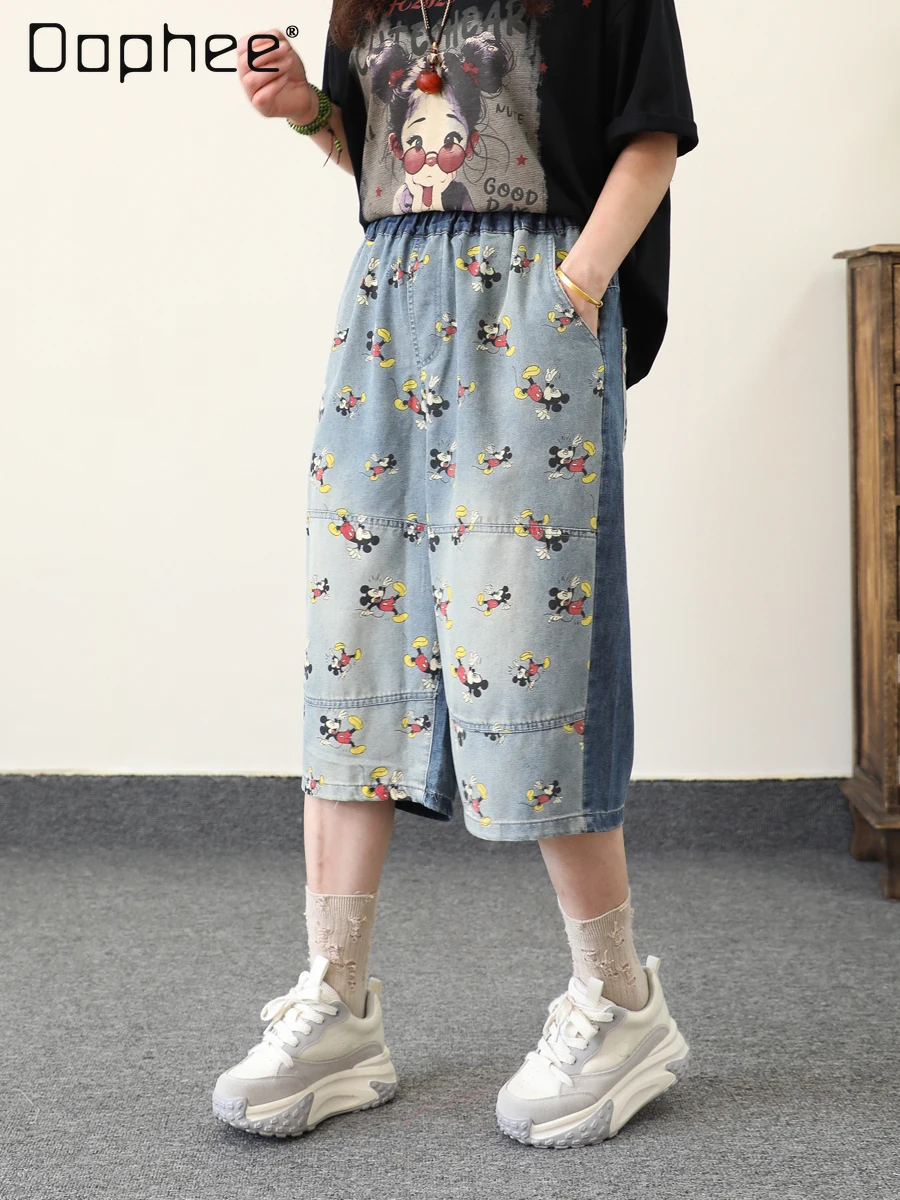 

Splicing Cartoon Printed Denim Cropped Pants Women's Elastic High-waisted Straight Five-point Medium Pants Baggy Jeans