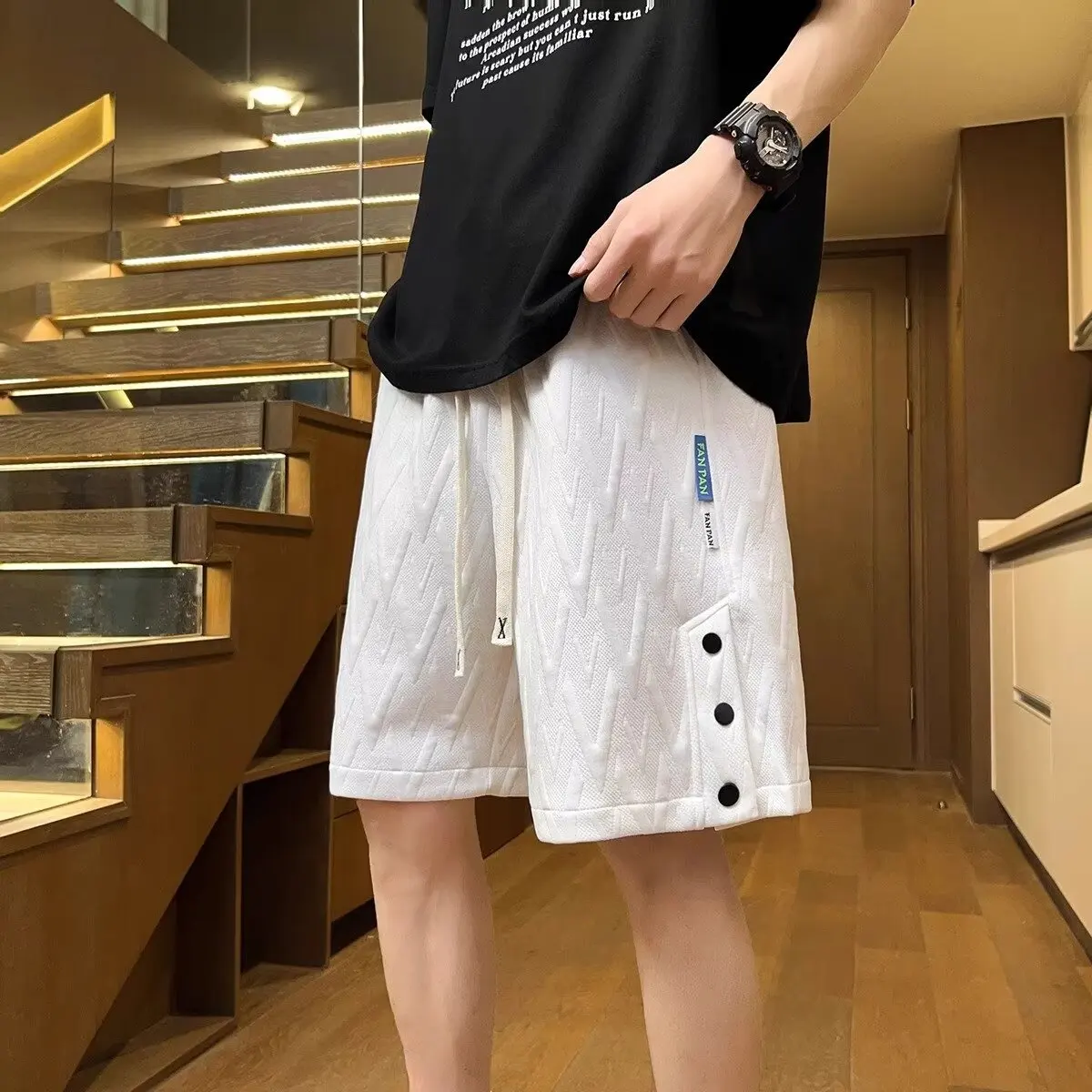 2024 Summer New Men American Style Thin Style Niche Loose Large Size Motion Casual Printing Texture Side Opening Buckle Shorts