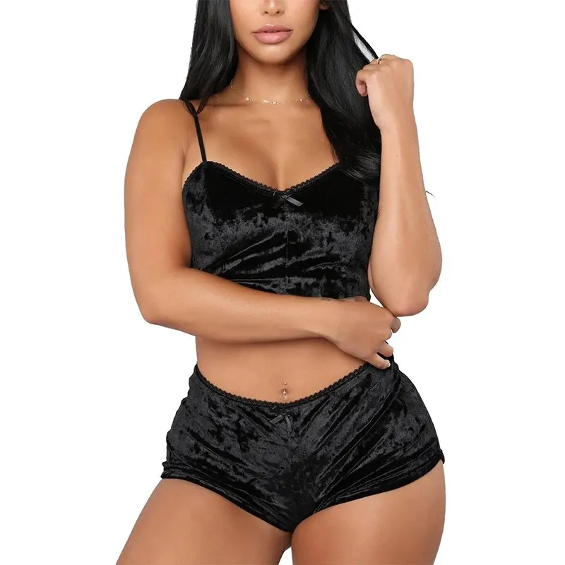 Women Sexy Strappy Pajama Set Women\'s Velvet Polyester Comfortable V-neck Underwear Home Clothes 2 Piece Sleeveless