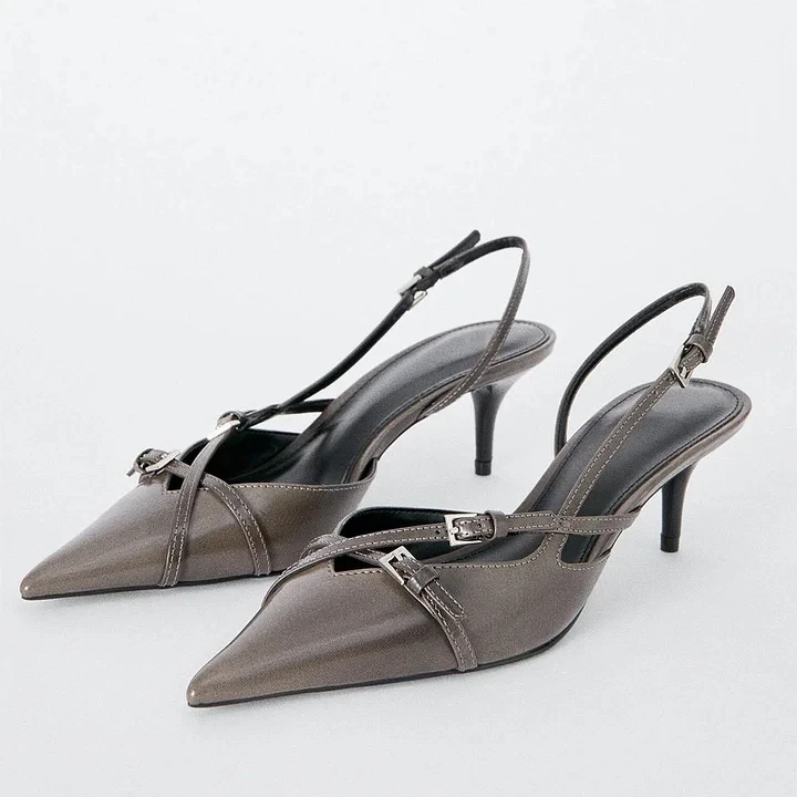 Dark Grey Pointed Toe Sandals Buckle Kitten Heel Slingback Pumps Cross Straps Buckle Fashion Women Summer Classic Dress Shoes