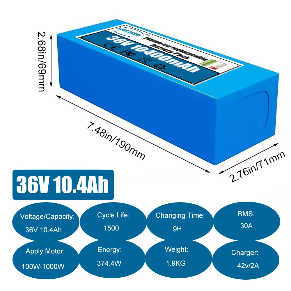 48V 20Ah Lithium Battery Pack 13S5P 18650 20000mAh Bike Battery with Charger for Scooters Mountain Bike 1000W Motor