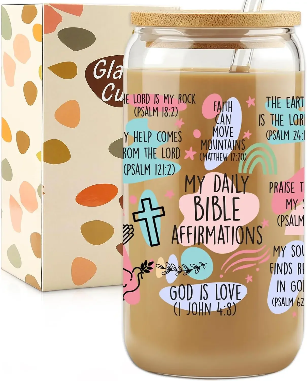 

Christian Gifts For Women, Glass Cups Tumbler Cups W Lids Straws, Affirmations Christian Prayer Gift Drinking Cup W Bible Verses
