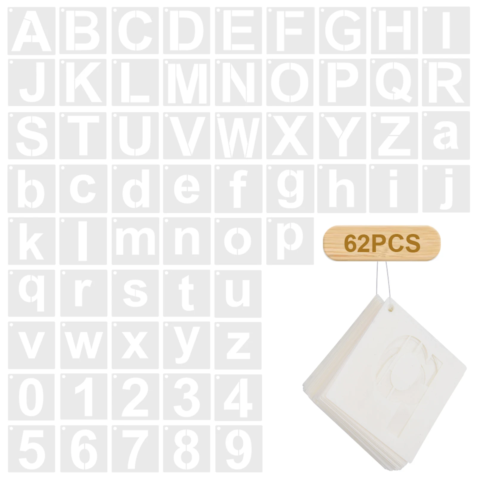 ลายฉลุร่างตัวอักษร62ชิ้น/เซ็ตใช้ซ้ำได้สำหรับการวาดภาพบนศิลปะไม้ตัวอักษรตัวเลขเทมเพลตการวาดภาพโรงเรียนงานฝีมือผ้าติดผนัง