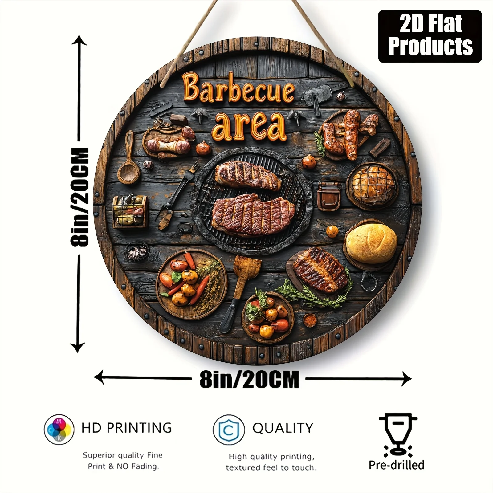 2D Flat, 1pc, Round Wooden Board Decorative Painting Sign, Barbecue Theme, Suitable for Bar, Kitchen, Coffee Shop, Home Room, Li