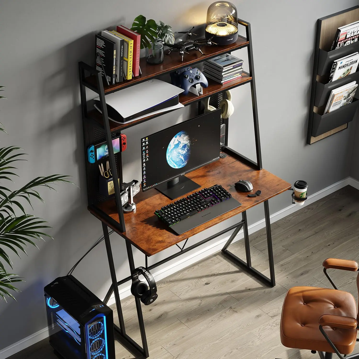 

Tall Gaming Desk With Shelves, Pegboard And Led Lights, 40 H Computer Desk With Storage And Hutch For Game Home Office Brown