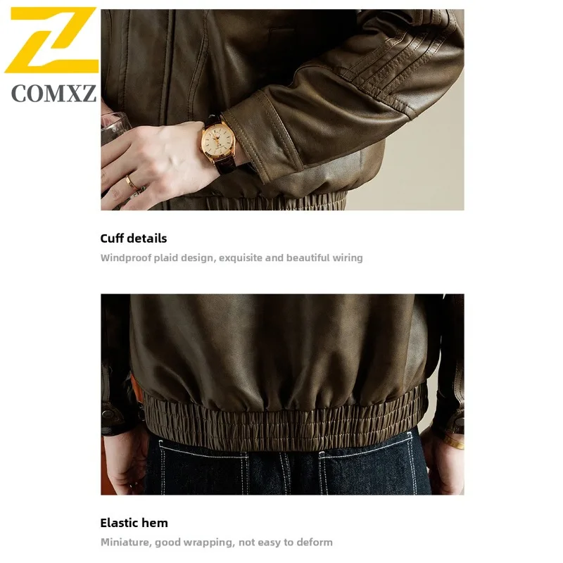 COMXZ 2025 الرجال النمط الأمريكي دراجة نارية سترة جلدية الخريف بسيطة تنوعا الوقوف طوق فضفاضة تناسب موضة بلون معطف