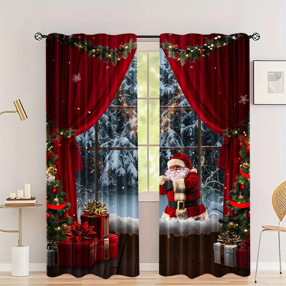 2pcs Santa Claus and Christmas Themed Snowman & Gift Ornament Style Print Curtains Drapes for Bedroom and Living Room Decor