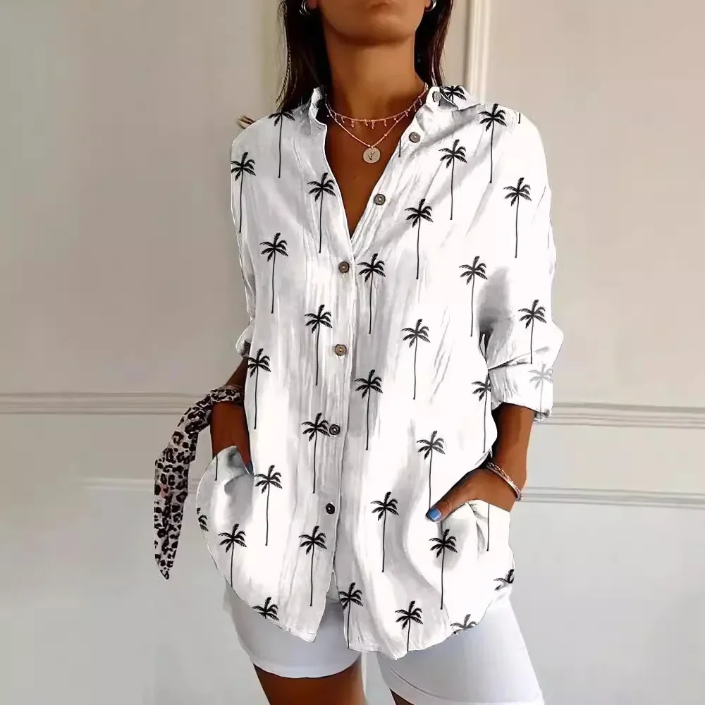 2024 New Women\'s Shirt Summer European and American Trendy Long Sleeve Shirt Printed 3D Shirt Flower Pattern