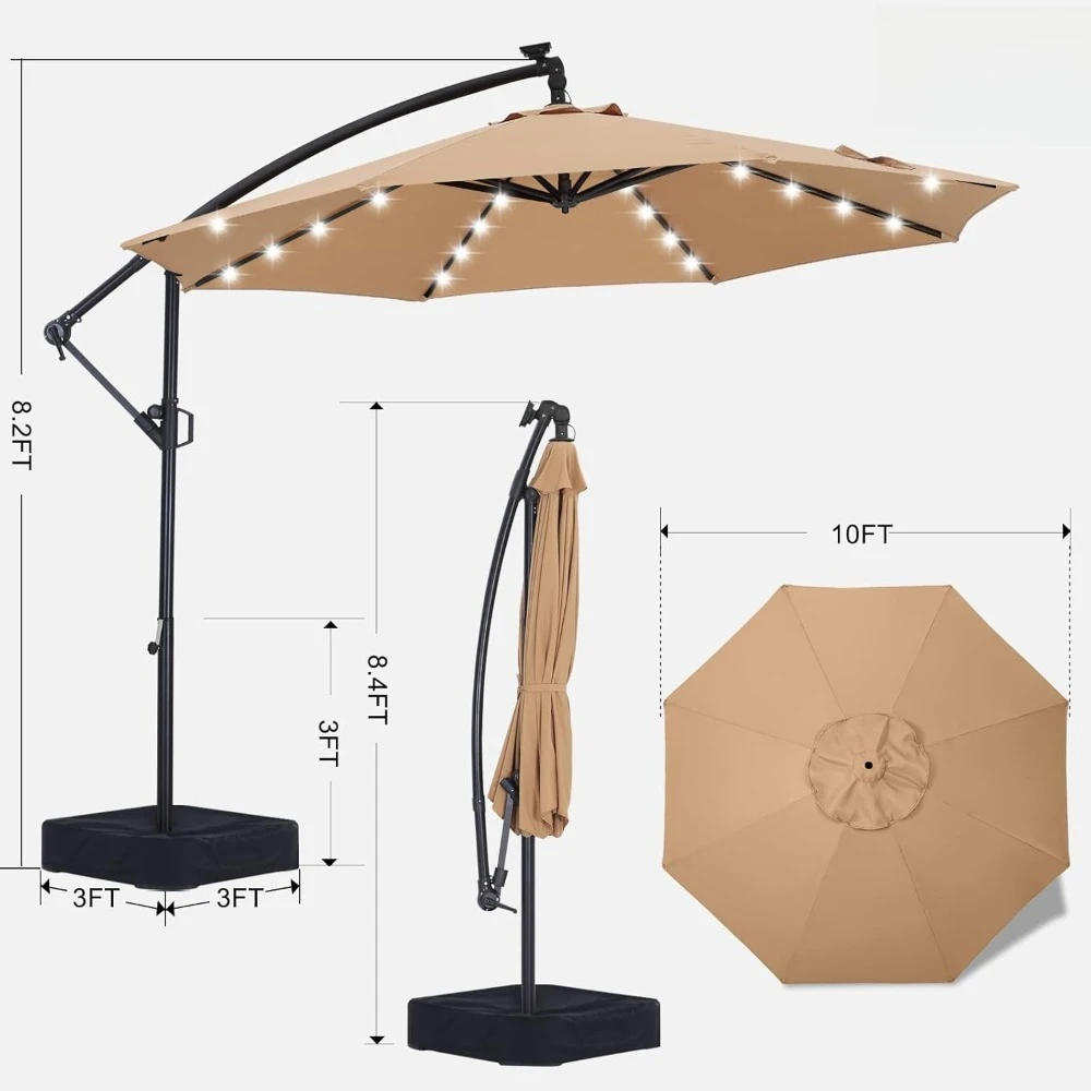 Ombrelloni da giardino a LED da 10 piedi, ombrellone a sbalzo con base, 360 °   Cornice fissa bonus per ombrellone offset illuminato da esterno con rotazione