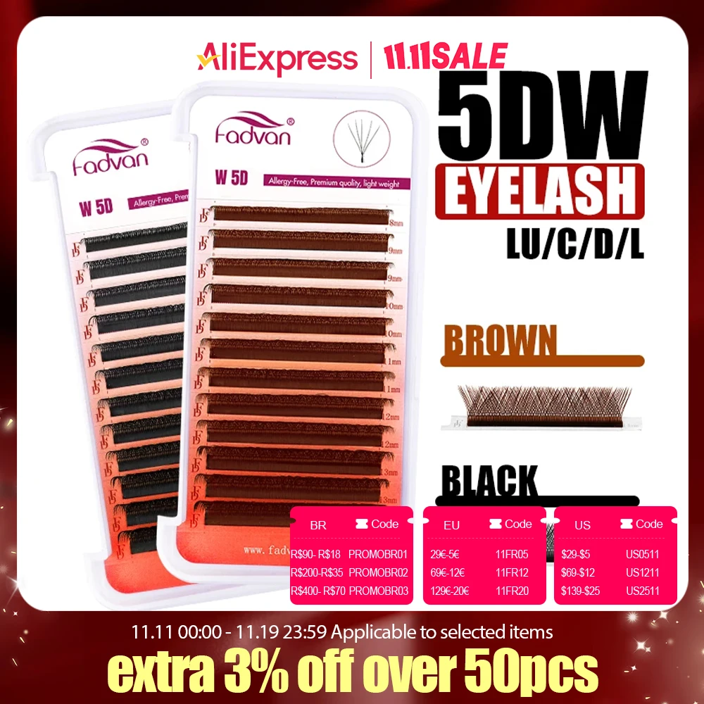 Fadvan 5DW Wimpernverlängerung C/D/LU/L Curl Schwarz Falsche Wimpern Make-up Braun Autoflowering Wimpern für selbstverpflanzenden Salon