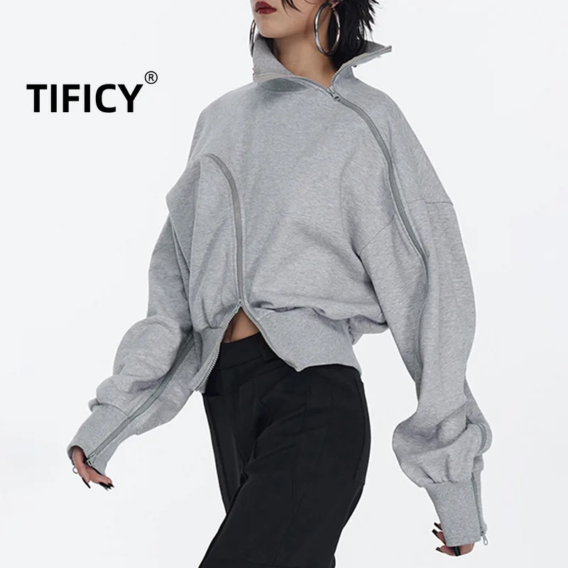 

TIFICY Autumn New Fashion Design Sense Irregular Zipper Front Short Personalized Women's hoodies Sweatshirts Tops