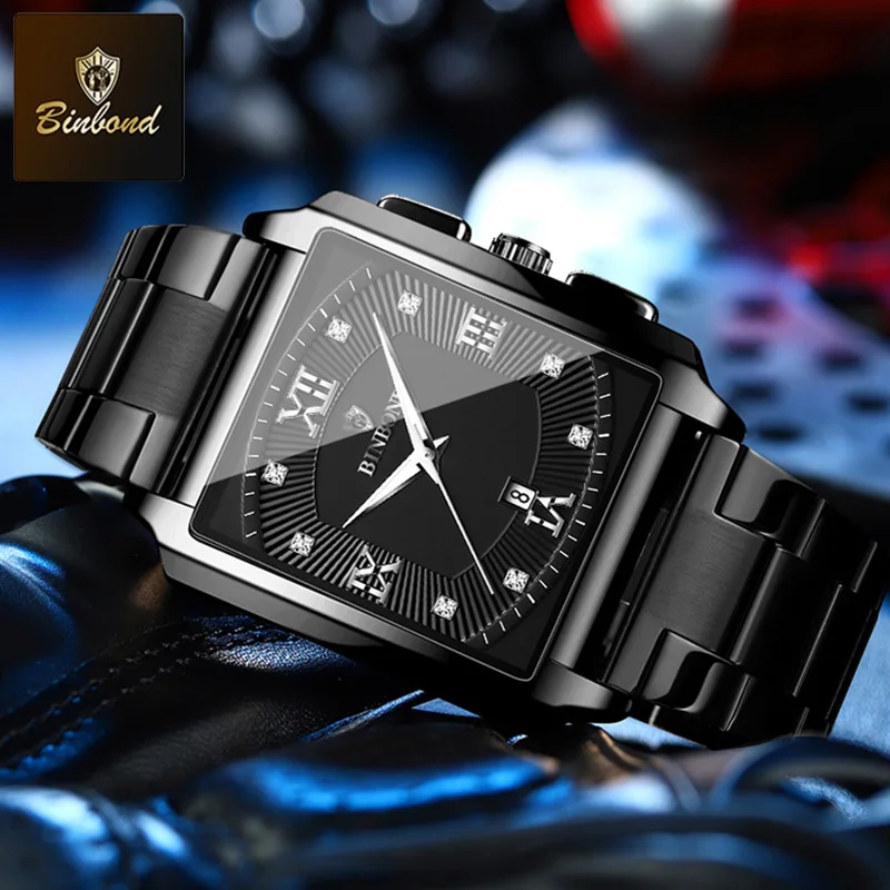 BINBOND 남성용 비즈니스 쿼츠 시계, 하이 퀄리티 방수 스포츠 캐주얼 자동 날짜, 럭셔리 스퀘어 맨 워치, 핫 뉴 패션