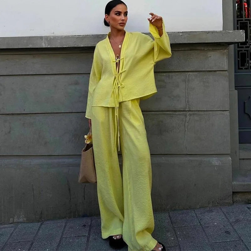 Luxury Two Piece Sets for Women Going Out Long Sleeve Outfits Yellow Fall Ribbon Shirt Elastic Waist Wide Leg Pants Vacation Set