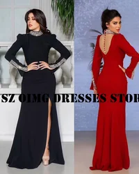 OIMG New Design High Collar Sexy Split Prom Dresses Arabic Women Crystals Customized Mermaid Simple  Gowns Formal Party Dress