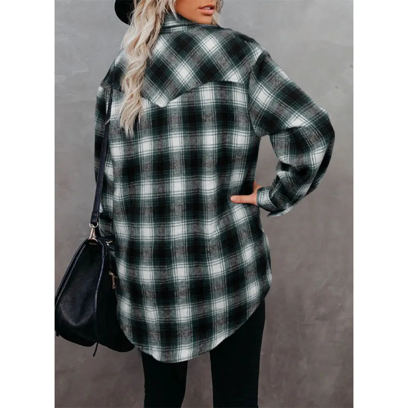 Women\'s Clothing Temperament Versatile 2023 Autumn and Winter New Fashion Spliced Button Lapel Long Sleeve Commuting Plaid Shirt